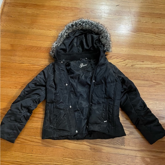 Guess Jackets & Blazers - Black GUESS short down puffer w fake fur hood